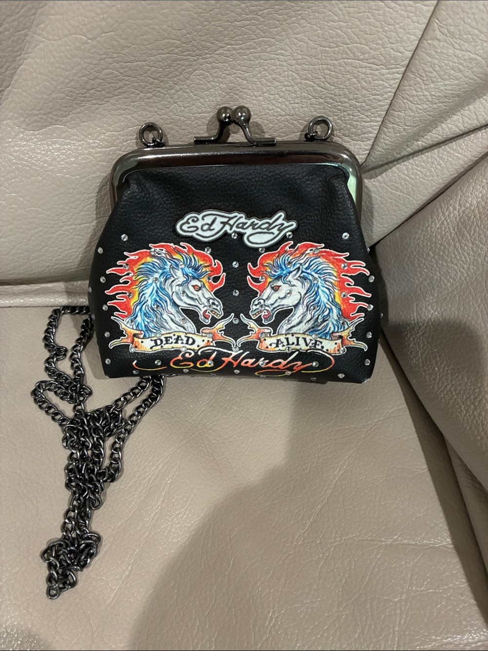 Ed Hardy Black Mini Kiss-Lock Crossbody with Red & Blue Horse Graphic